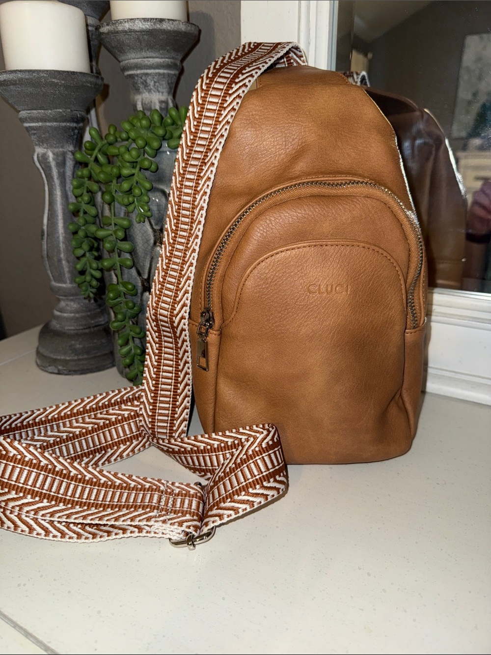 Cluci faux Leather Sling Belt Bag with Patterned Strap